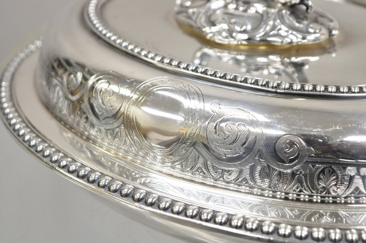 Antique English Victorian Scrollwork Engraved Covered Vegetable Serving Dish