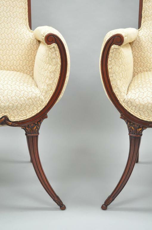 Vintage Hollywood Regency French Style Mahogany Saber Leg Lounge Chairs - a Pair