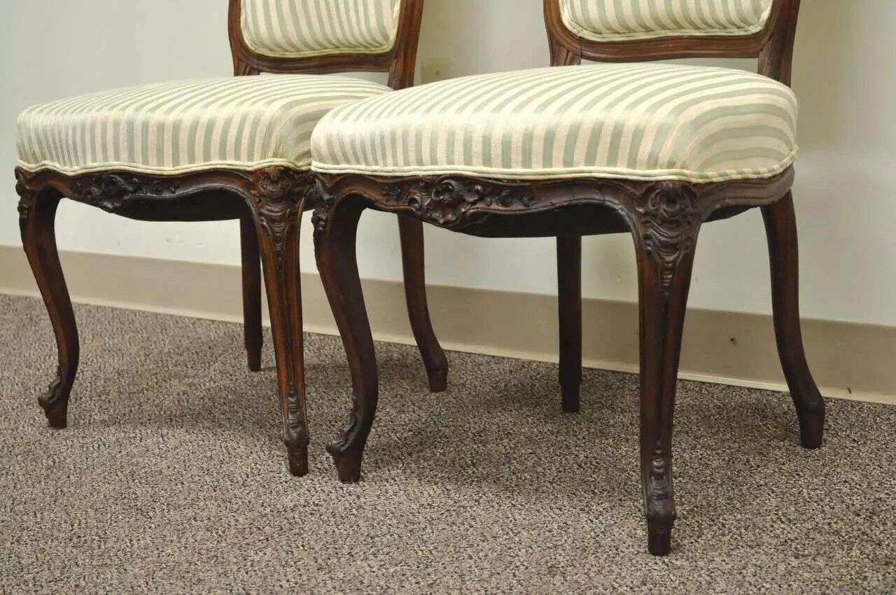 Antique French Victorian Louis XV Style Carved Walnut Side Chairs - a Pair