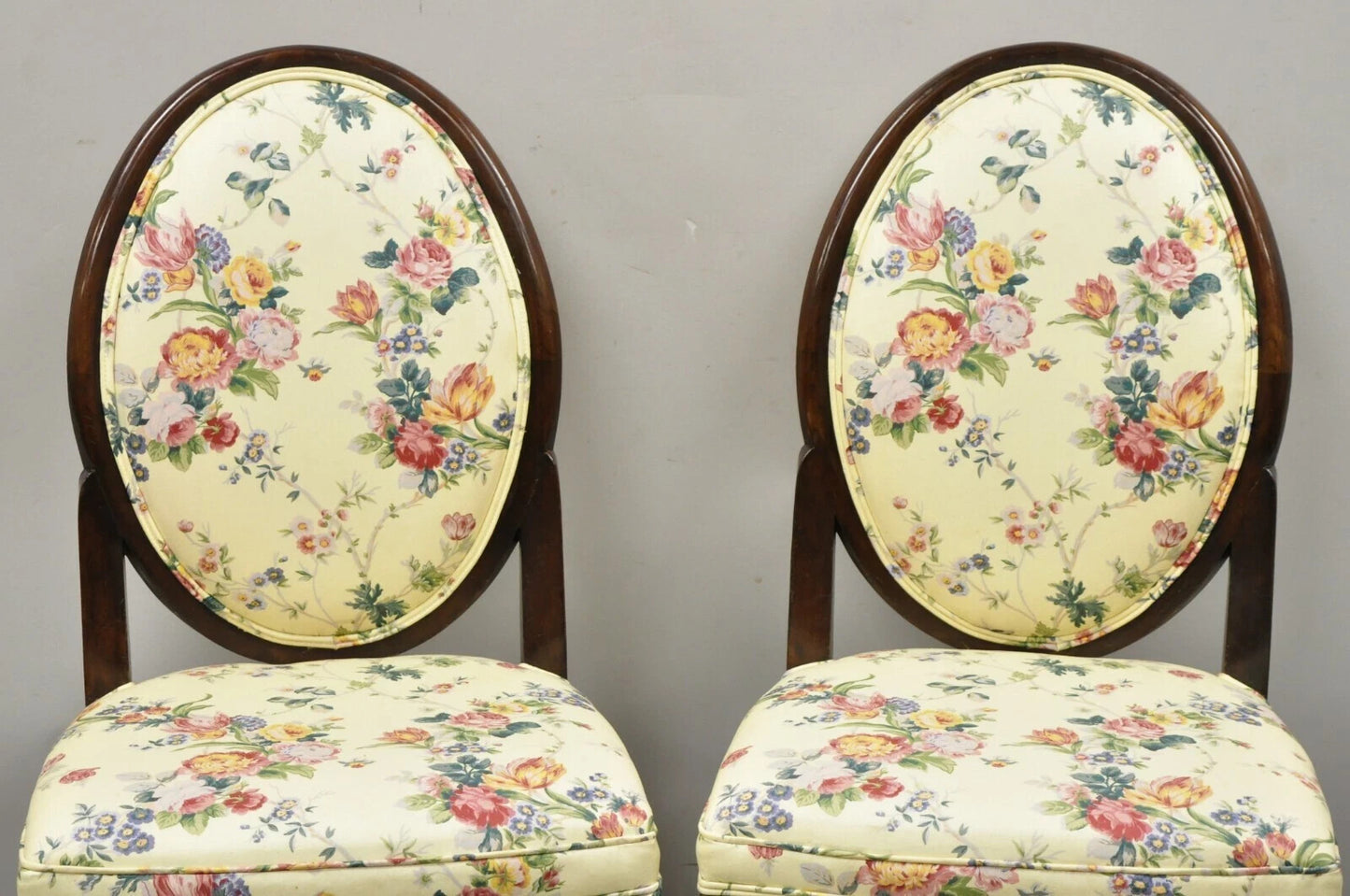French Art Deco Oval Upholstered Back Mahogany Wood Frame Dining Chairs - a Pair