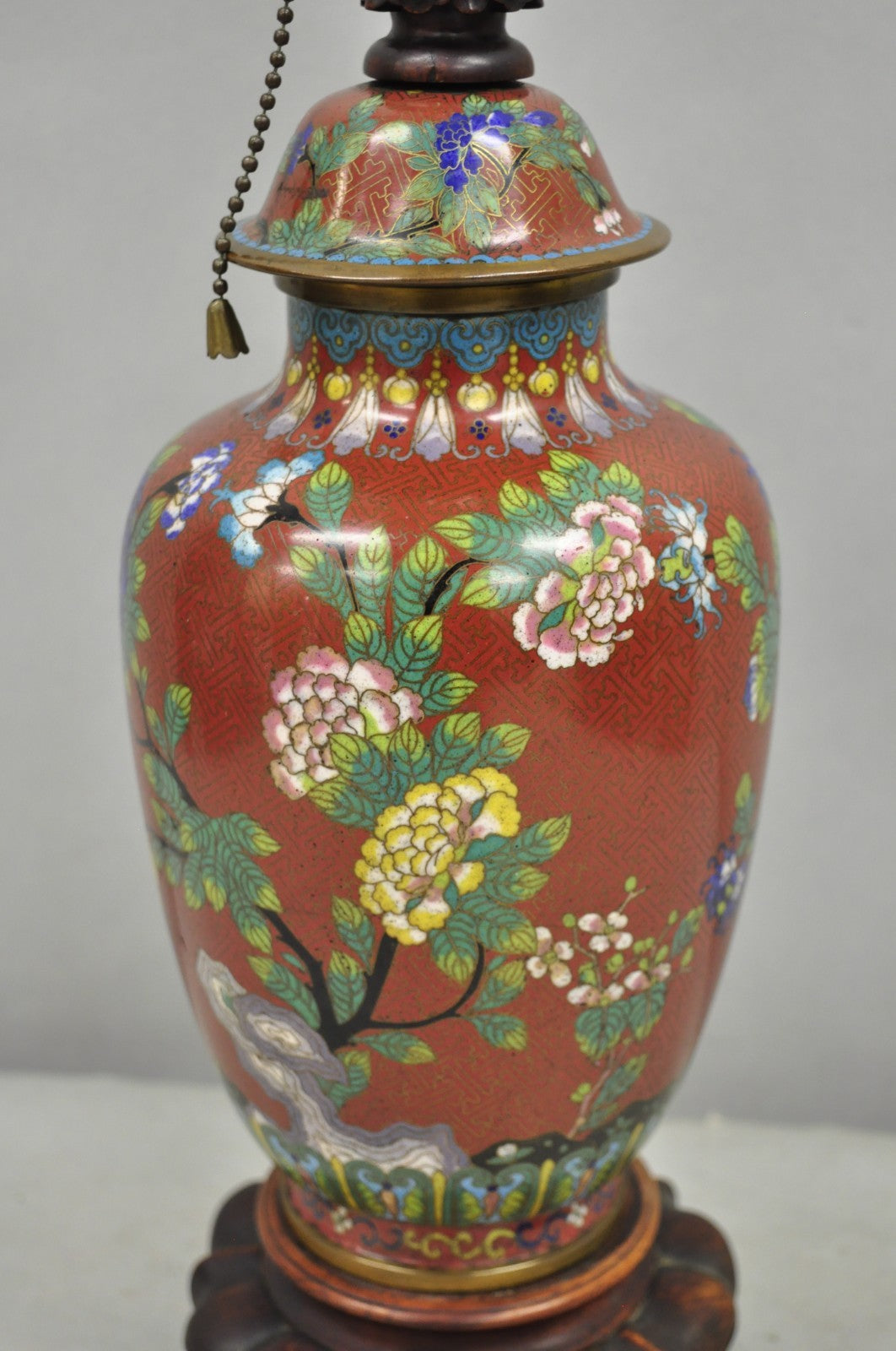 Vintage Chinese Porcelain Enamel Bronze Red Cloisonne Champleve Vase Table Lamp