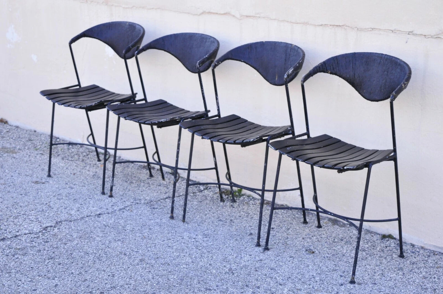 Arthur Umanoff Mid Century Modern Rattan Wrought Iron Dining Chairs - Set of 4