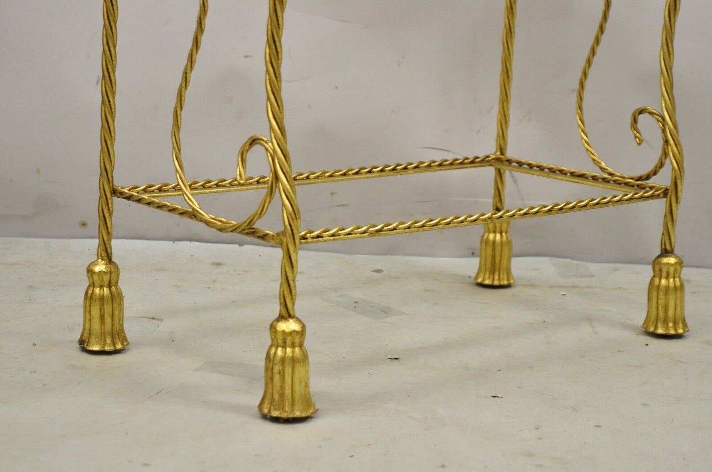 Italian Hollywood Regency Gold Gilt Iron 5 Tier Rope Tassel Narrow Etagere Stand