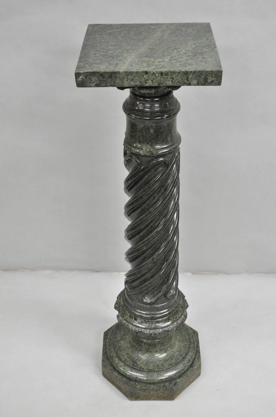 Antique Italian Green Marble Empire Classical Spiral Carved Column Pedestal
