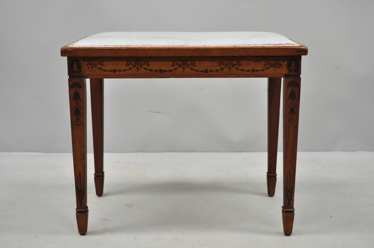 Antique English Adams Style Drape Bell Flower Inlay Mahogany Vanity Bench Seat