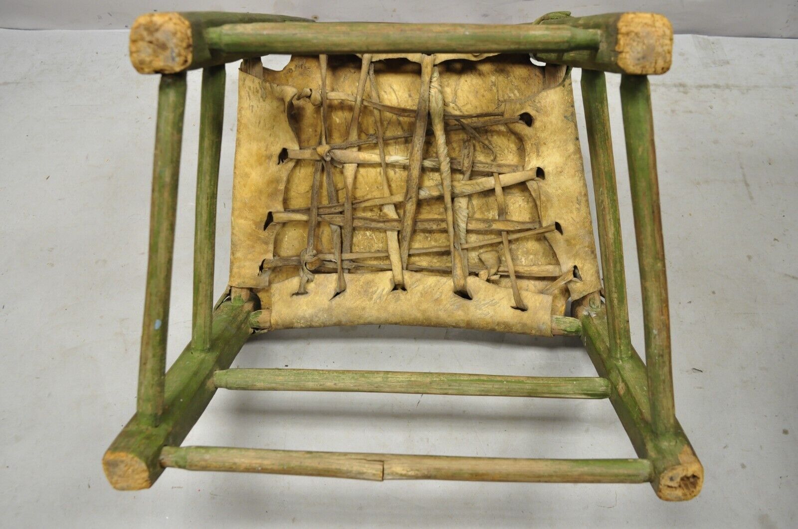 Antique Small Ladder Back Green Primitive Rustic Chair with Deer Hide Seat