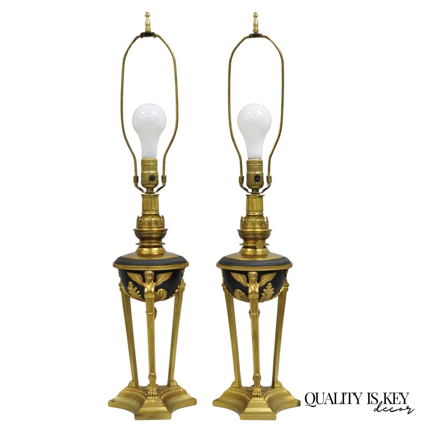 Vintage French Empire Style Figural Woman Black & Gold Brass Table Lamps - Pair