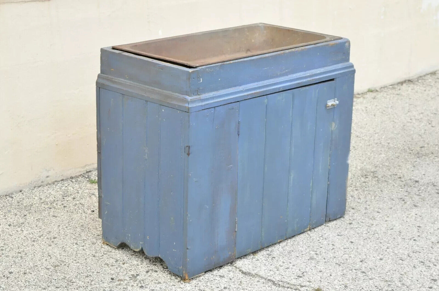 Antique Primitive Blue Distress Painted Cupboard Cabinet Vanity Cast Iron Sink