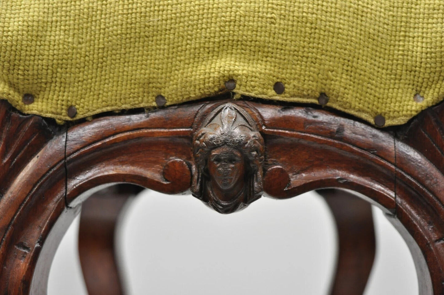 Antique Victorian Walnut Figural Lion Female Face Needlepoint Footstool Ottoman