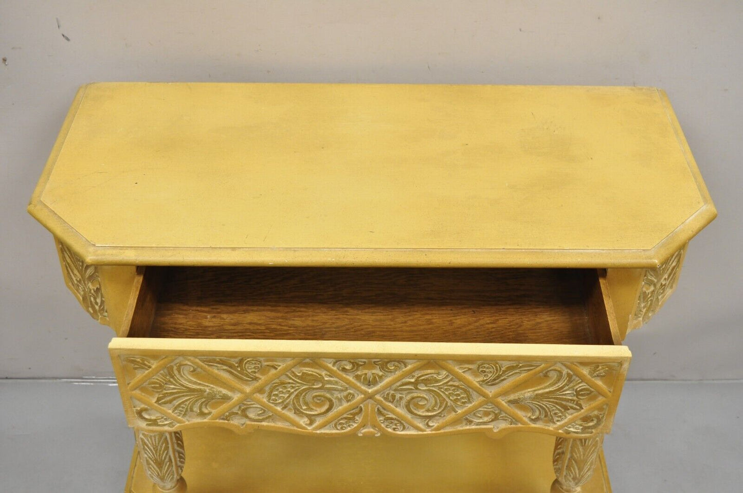 Gothic Renaissance Revival Painted Hall Altar Console Table Chair Set - 4 Pc Set