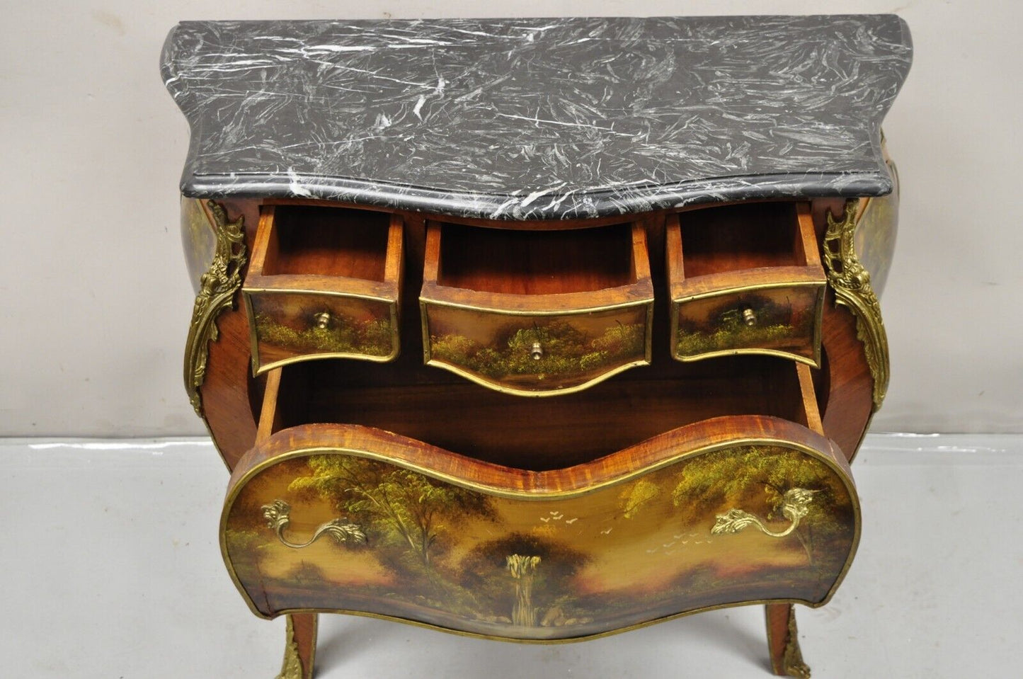 Vintage French Louis XV Style Marble Top Bombe Hand Painted Commode Chest