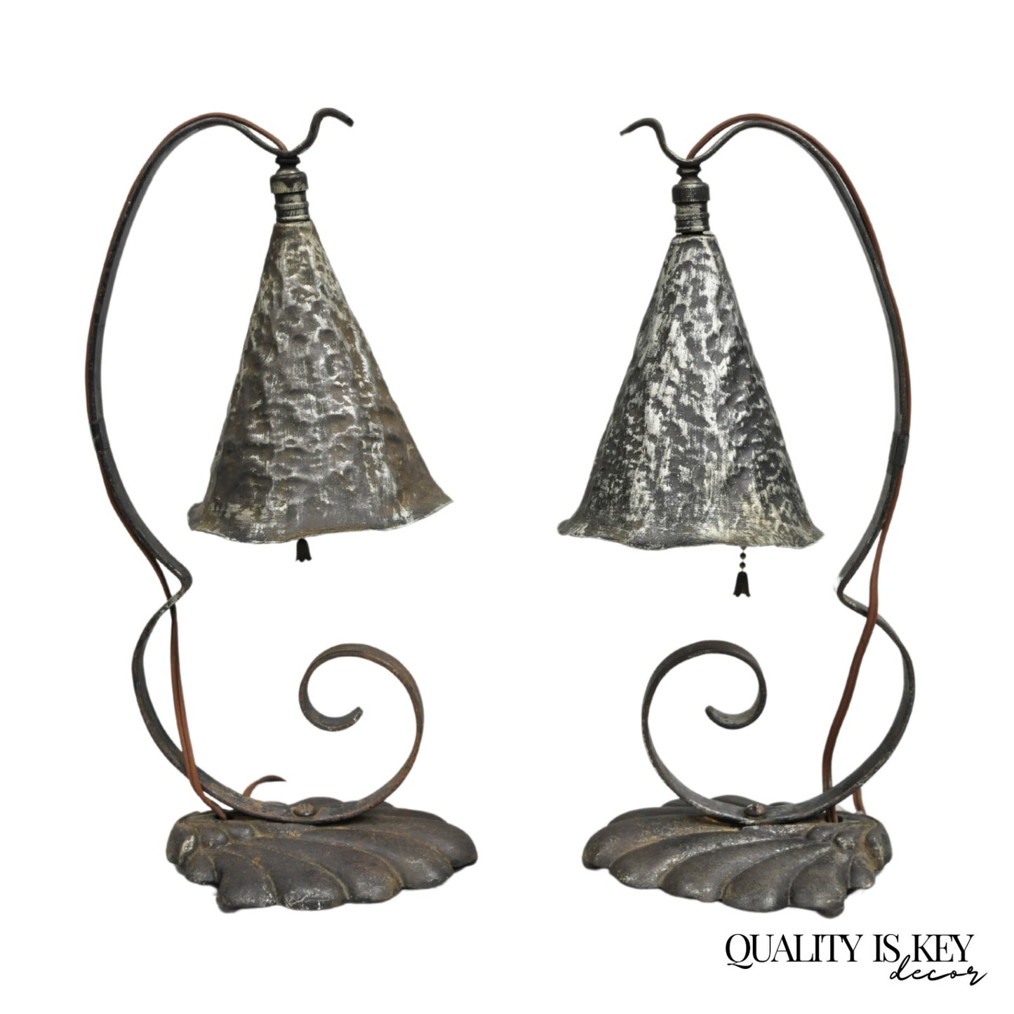 Antique Arts & Crafts Hand Hammered Metal Small Lantern Table Lamps - a Pair