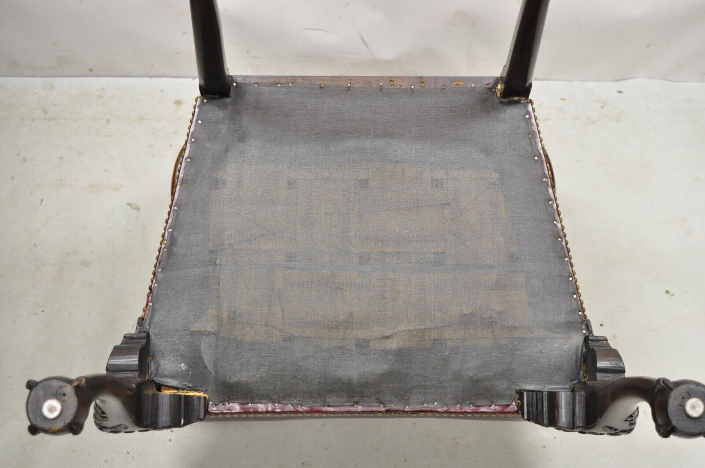 Antique Carved Mahogany Chippendale Style Ball and Claw Leather Arm Chair