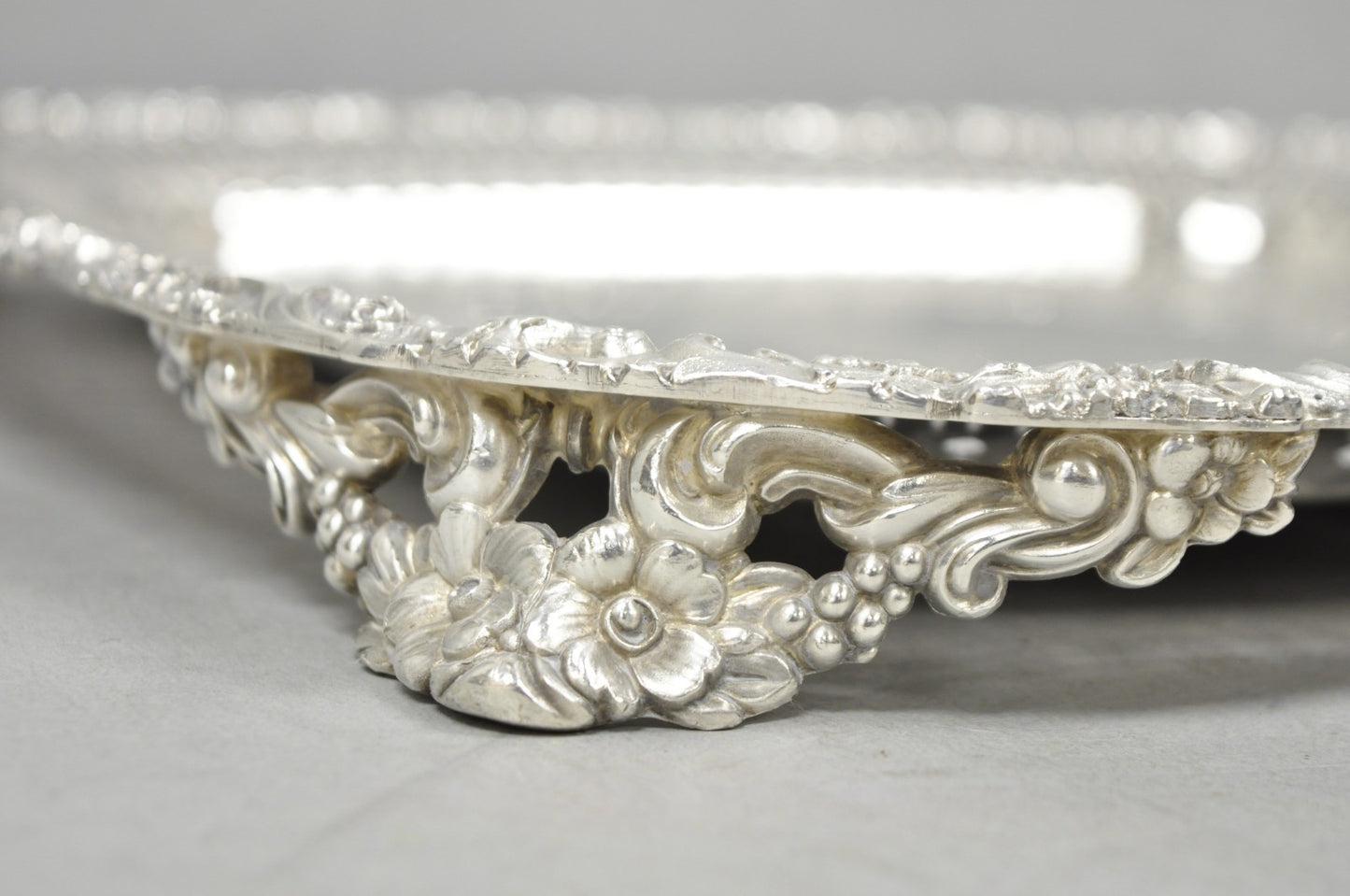 Vintage International Silver Victorian Repousse Pierced Gallery Square Bar Tray
