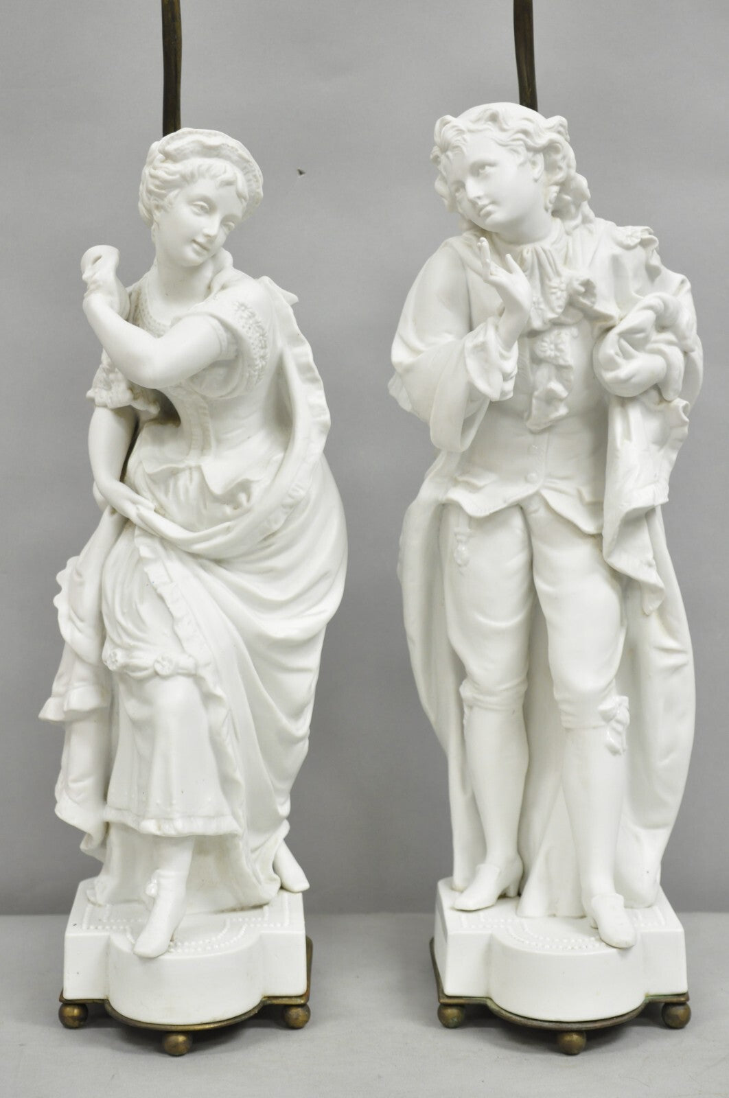 Victorian White Parian Porcelain Figural Bisque Man and Woman Table Lamps, Pair