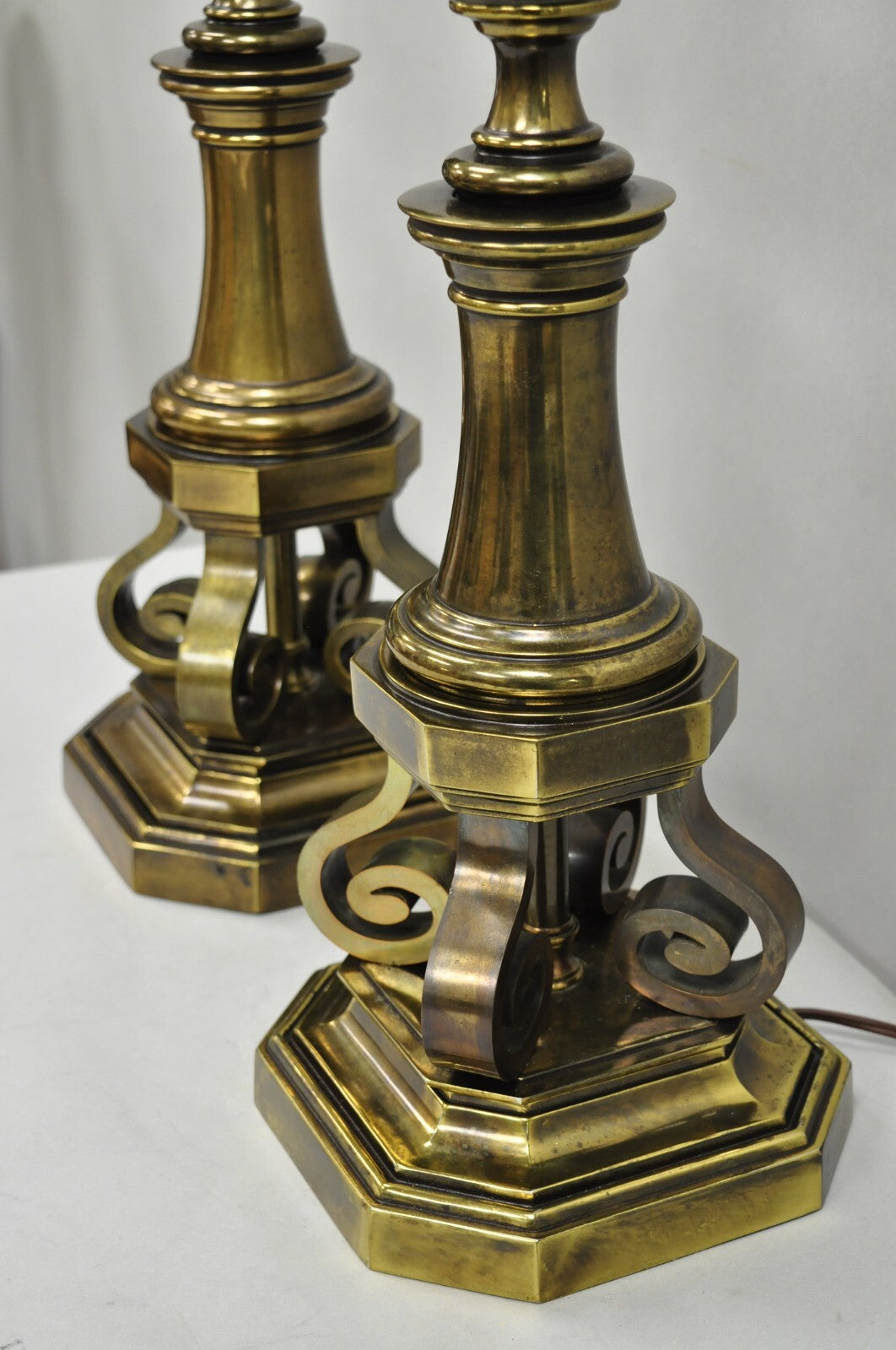 Vintage Hollywood Regency Burnished Brass Tall Candlestick Table Lamps - a Pair