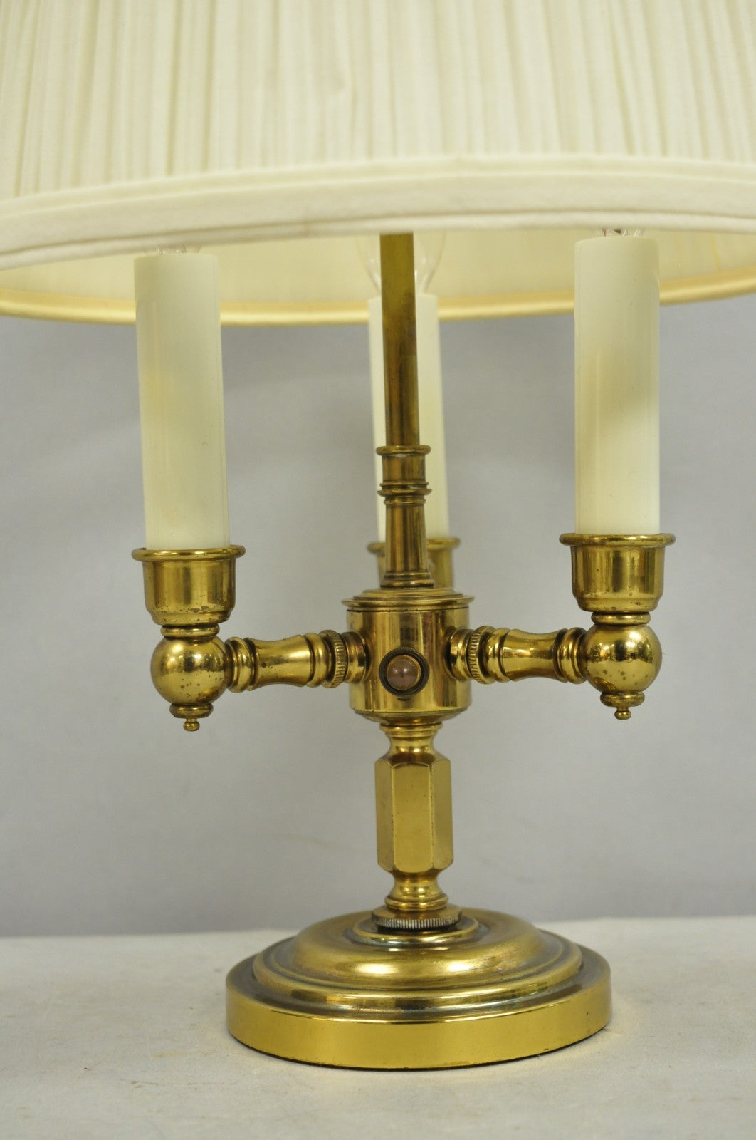 Vintage French Country Style Small Brass Candelabra Bouillotte Desk Lamp w Shade