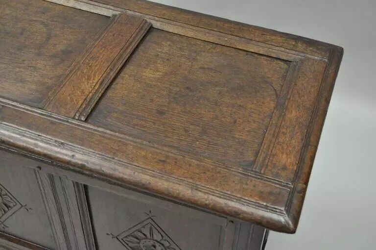 19th C. European Renaissance 3 Panel Solid Oak Wood Coffer Blanket Chest Trunk
