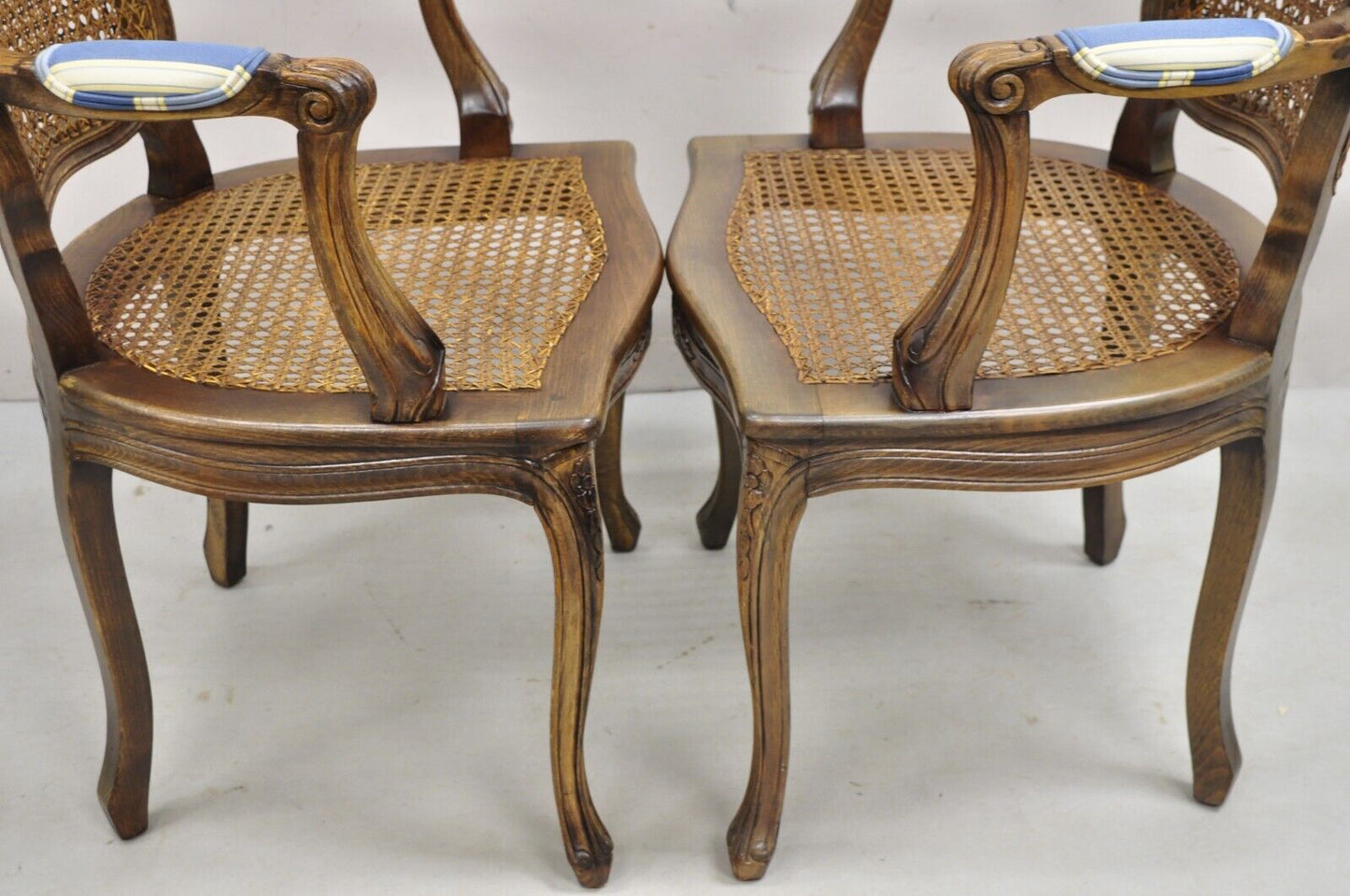Vintage Ethan Allen Italy French Country Louis XV Cane Back Arm Chairs - a Pair