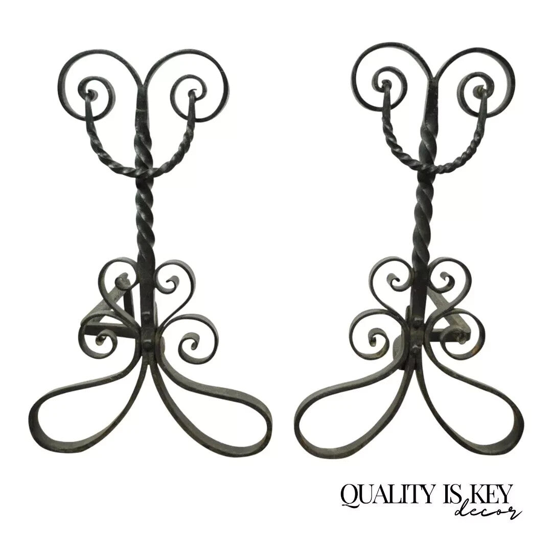 Antique Arts & Crafts Art Nouveau Black Wrought Iron Scrolling Andirons - a Pair