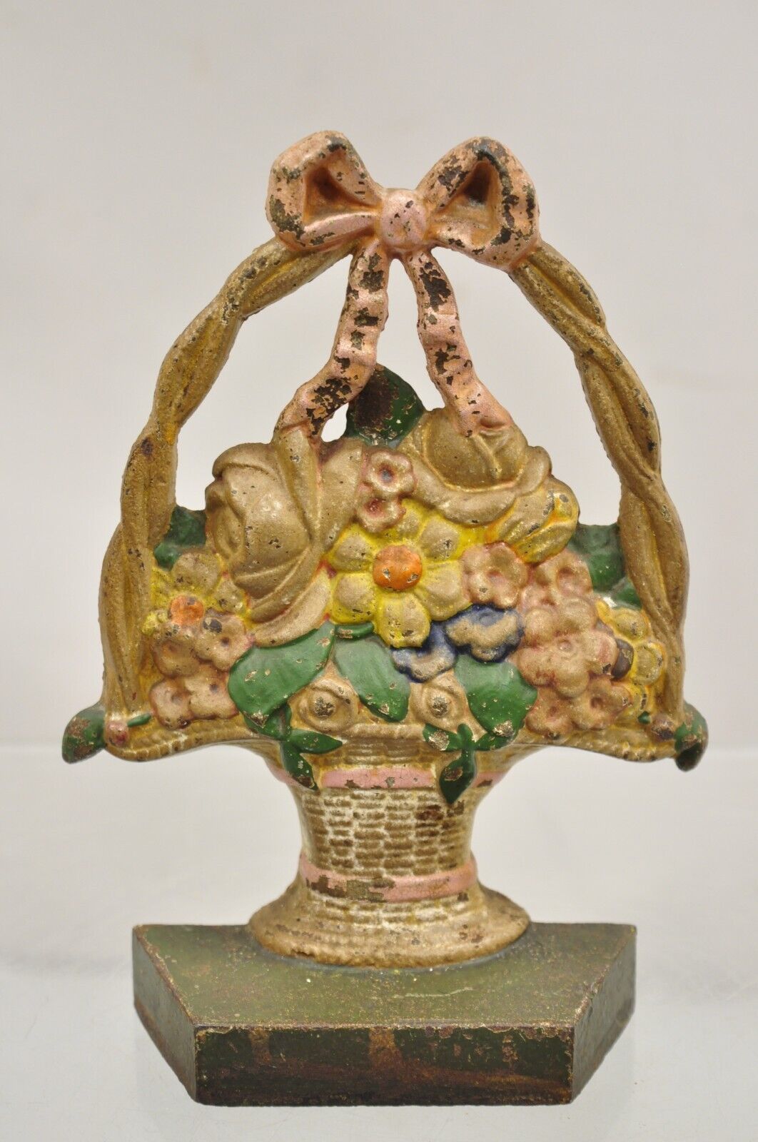 Antique Victorian Cast Iron Painted Floral Bouquet Pink Bow Basket Door Stop