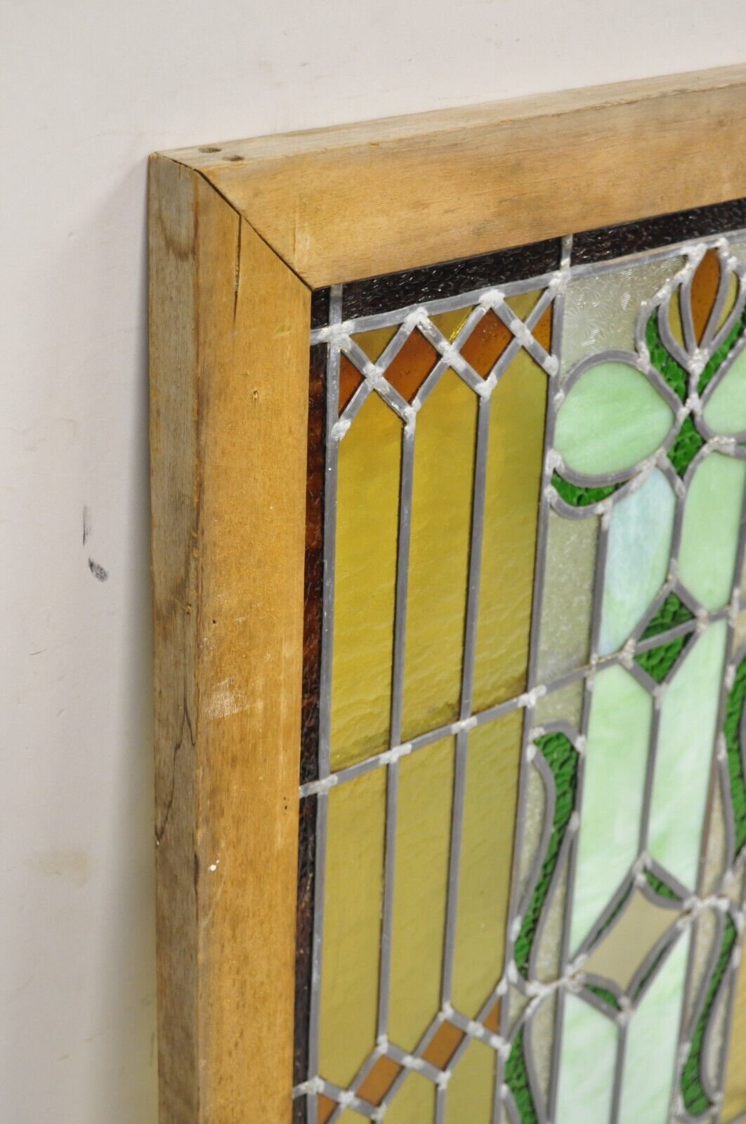 Antique Victorian Leaded Stained Glass Green Amber Tortoise Window in Wood Frame
