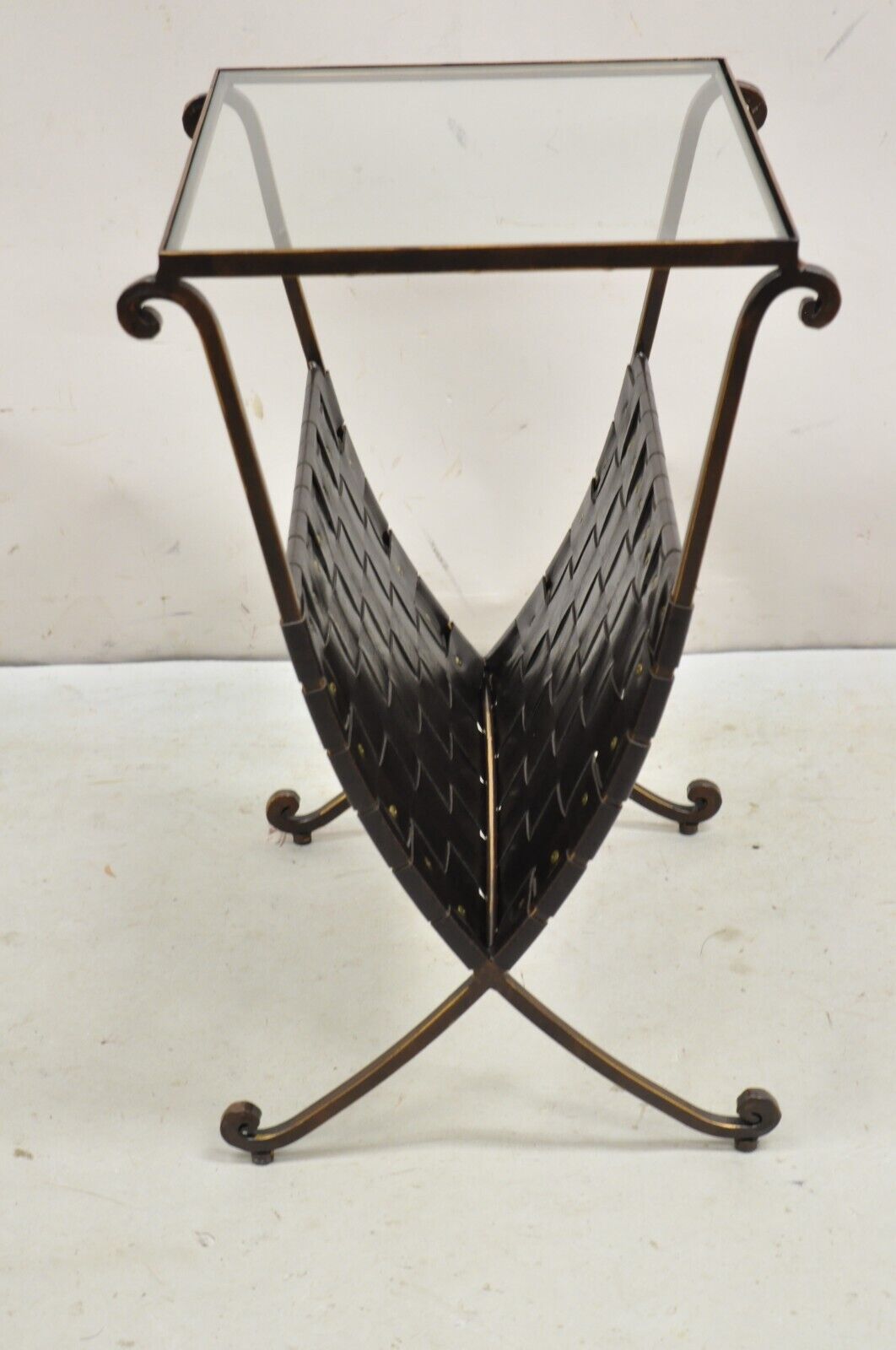 Decorator Modern Iron Leather Strap Magazine Rack Glass Top Side Table