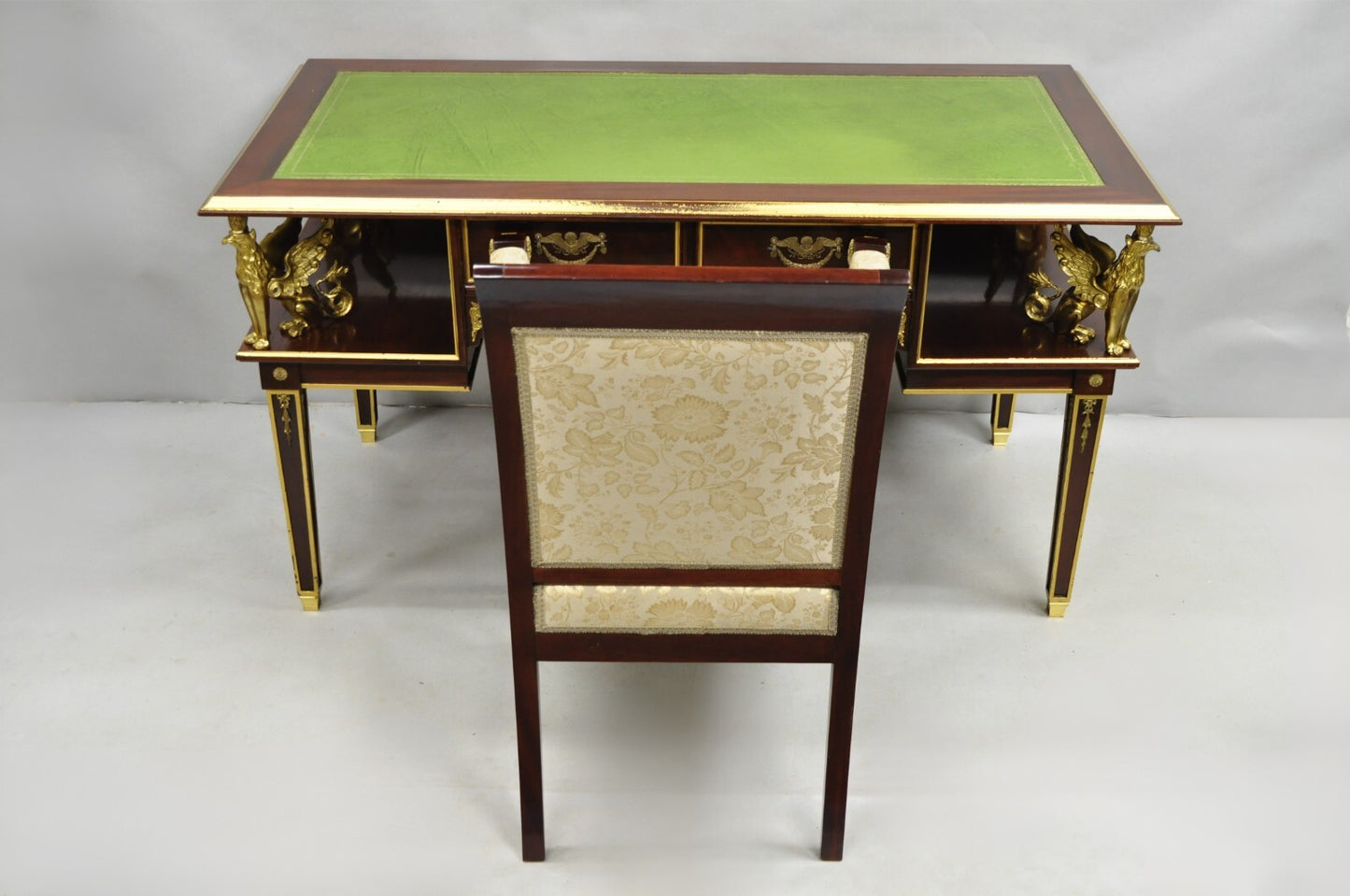 French Empire Revival Green Leather Top Bronze Griffin Mahogany Desk & Chair