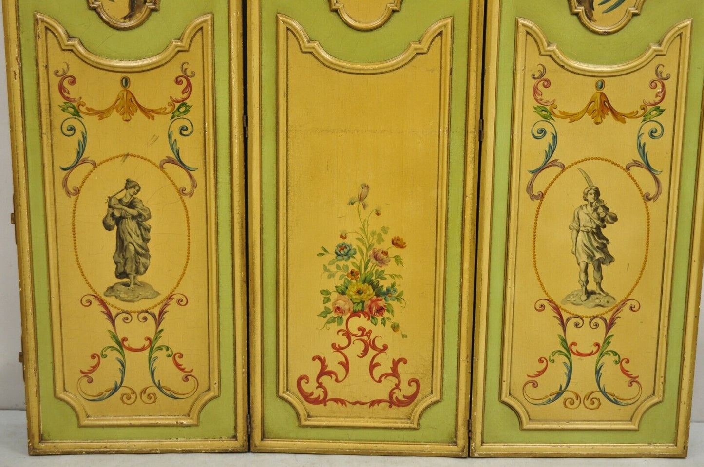 Antique French Louis XV Green Painted Parrot 3 Panel Venetian Room Screen (C)