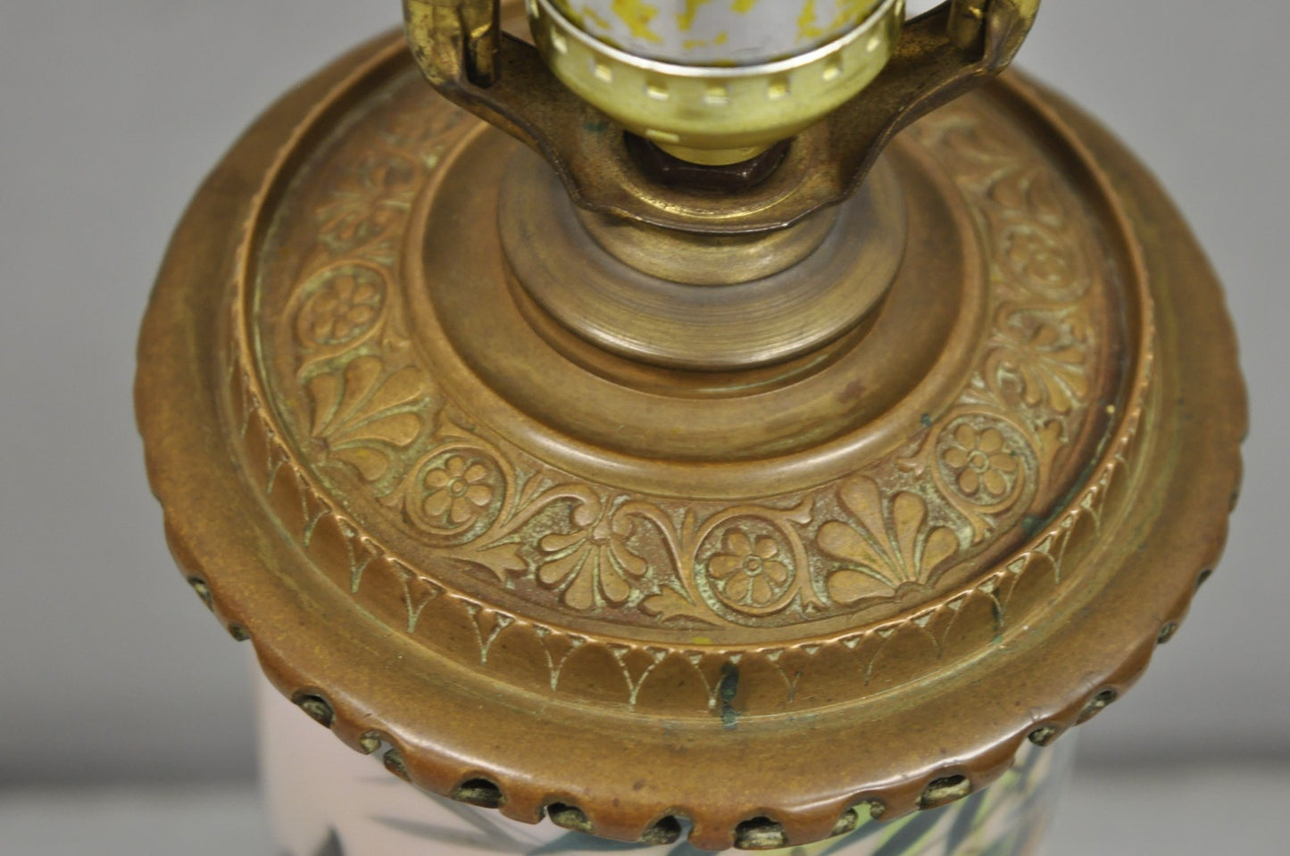 Art Nouveau Converted Oil Lamp Glass Cylinder Bird Painted Bronze Table Lamp