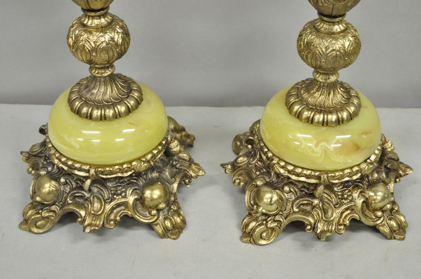 Vintage French Baroque Hollywood Regency Green Onyx Brass Table Lamps - a Pair