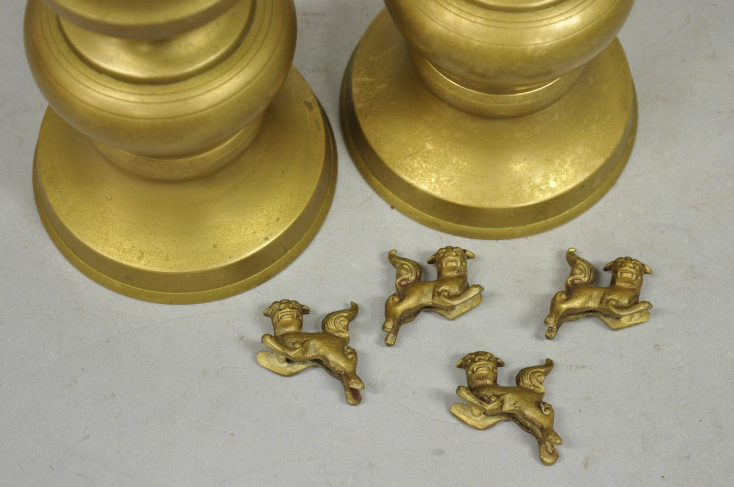 Vintage Oriental Foo Dog Stacked Brass Pricket Chinese 20" Candlesticks - a Pair