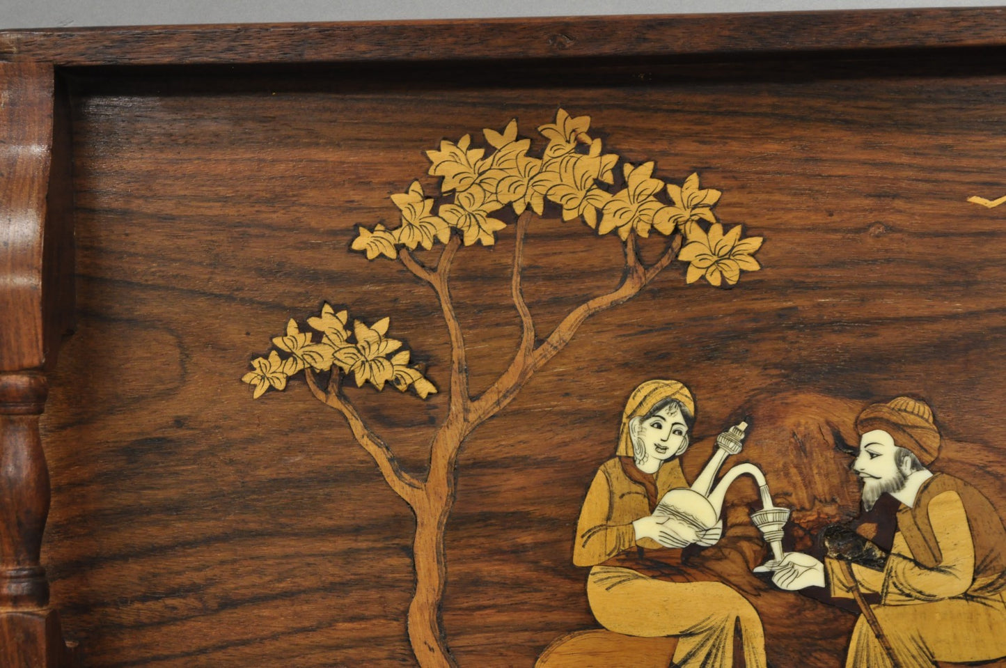 Vintage Anglo-Indian Marquetry Inlay Rosewood Twin Handle Serving Tray
