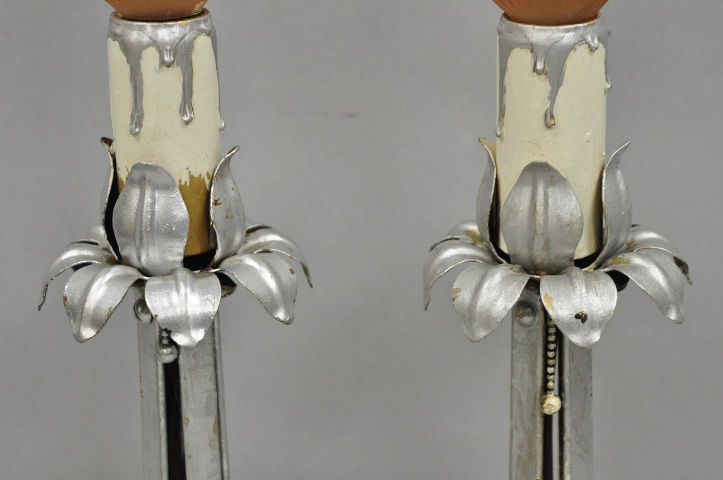 Antique Art Nouveau Wrought Iron Silver Painted Petite Boudoir Table Lamps, Pair
