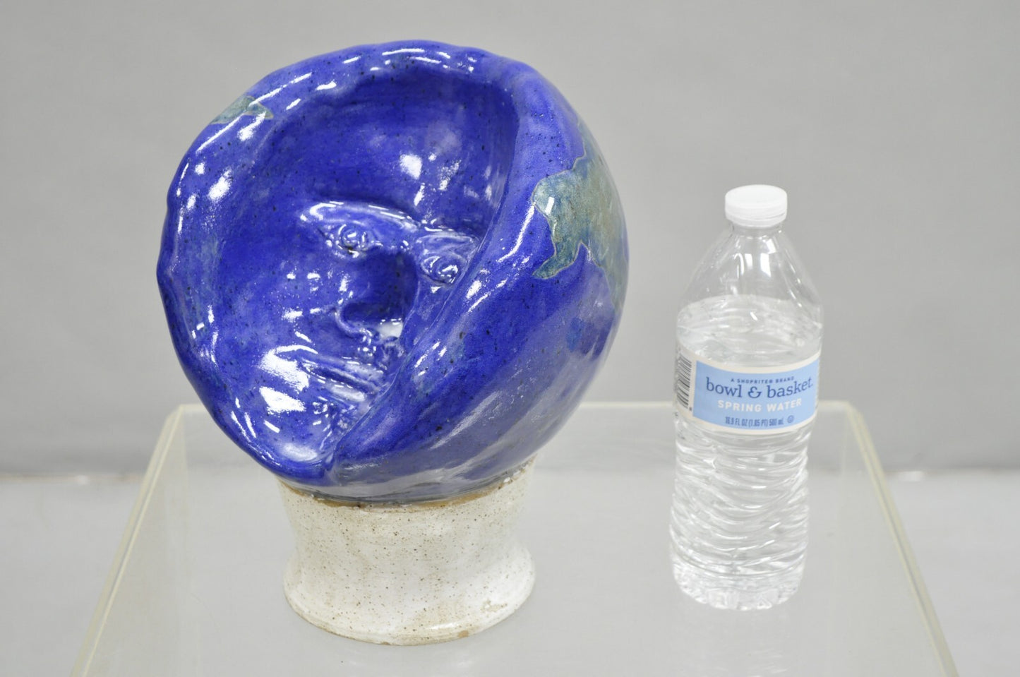 Vintage Mid Century Modern Blue Glaze Ceramic Pottery World Globe Face Sculpture