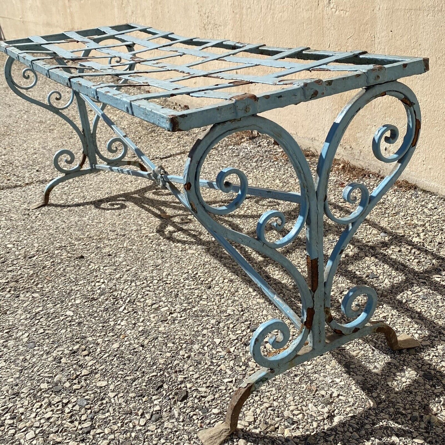 Antique French Art Nouveau Scrolling Wrought Iron Metal Strap Garden Patio Bench