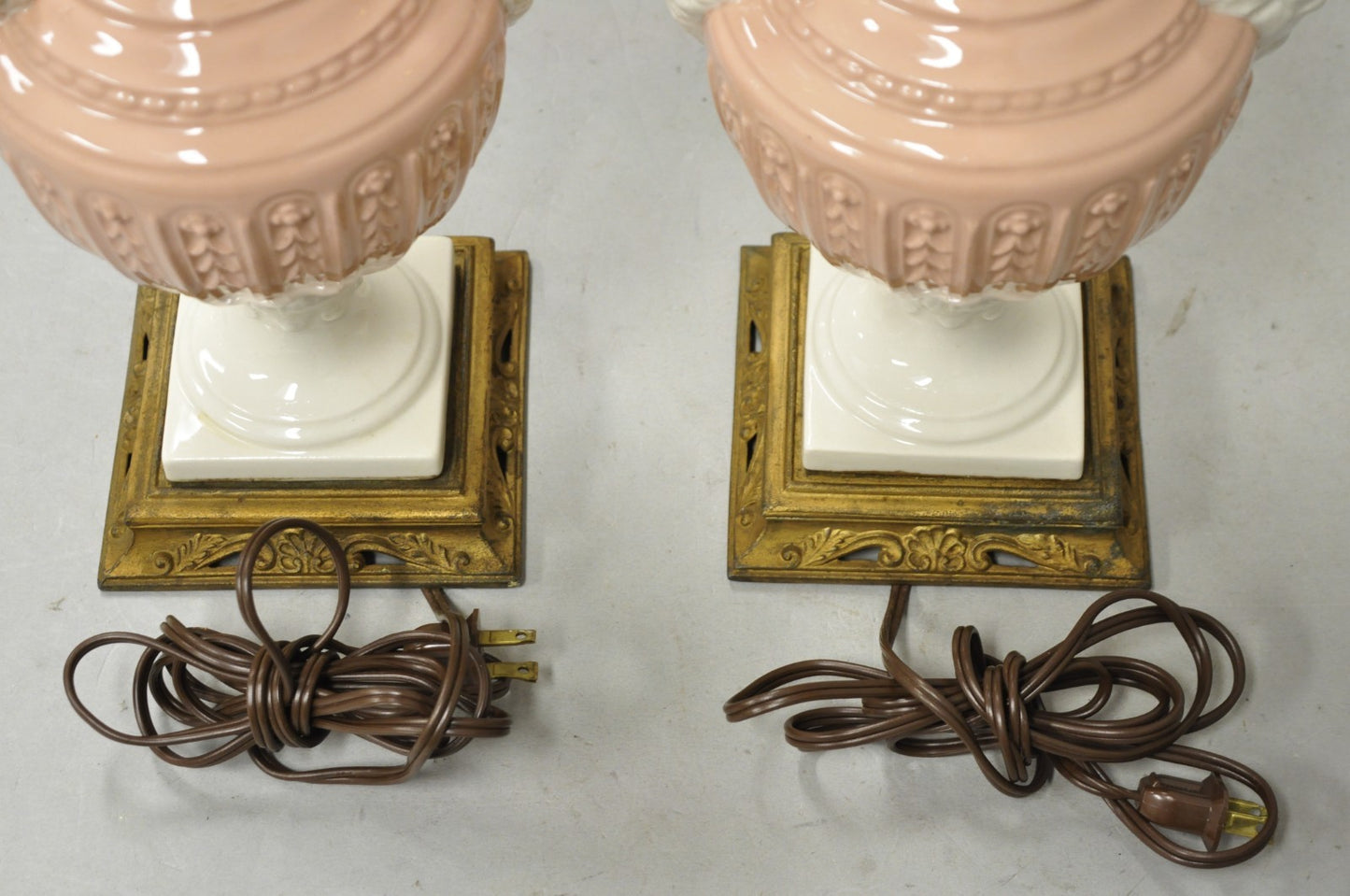 Vintage Italian Neoclassical Pink Porcelain Urn Table Lamps w/ Bearded Man, Pair
