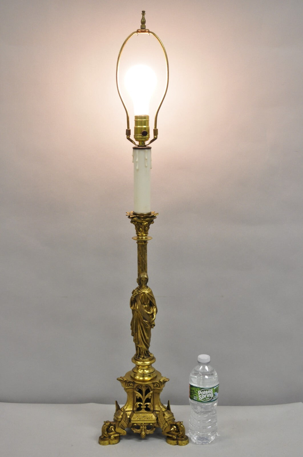 Antique French Empire Renaissance Bronze Maiden Candlestick Table Lamp