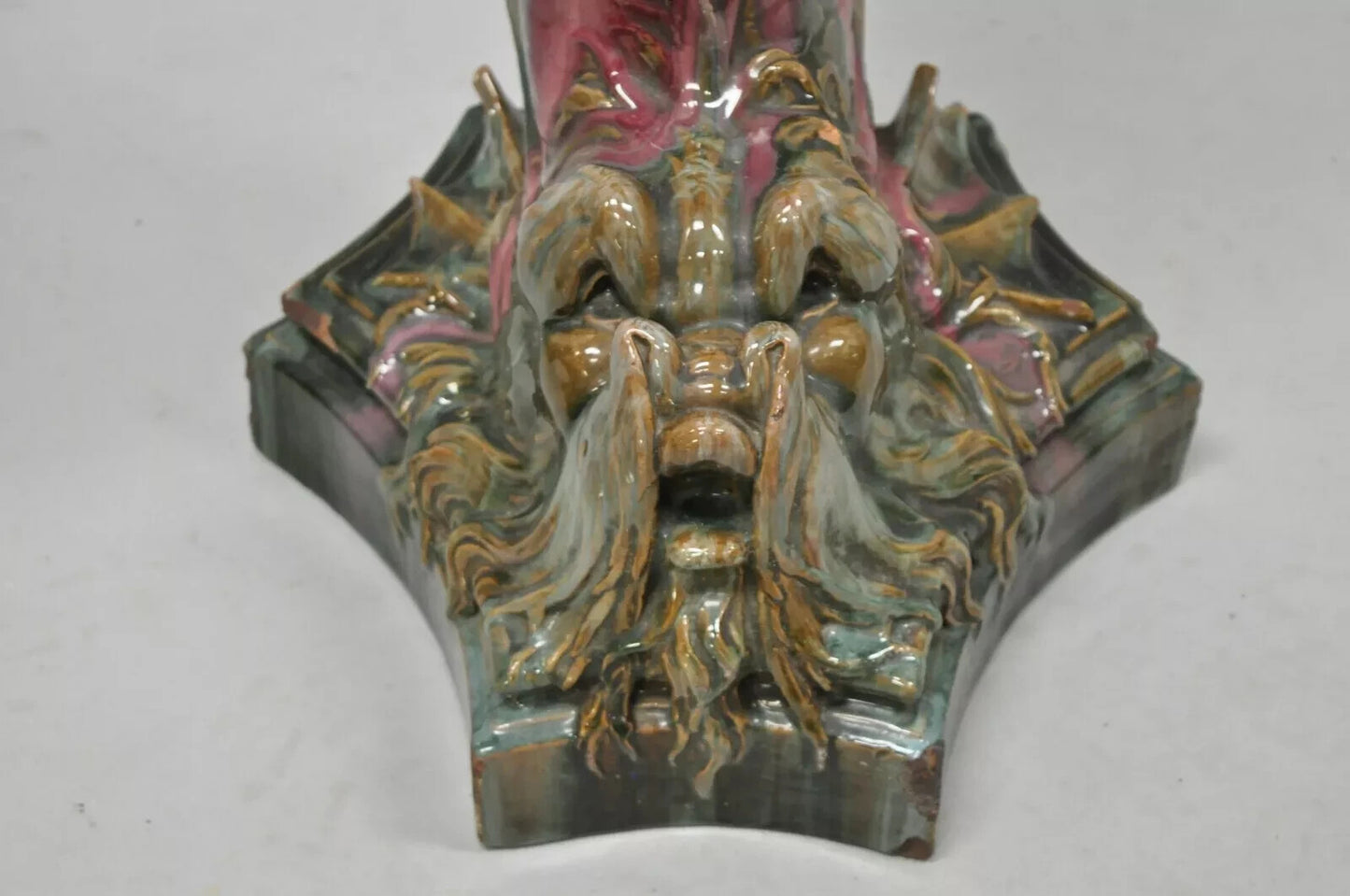 Antique Majolica Terracotta Pottery Dolphin Serpent Pink Plant Stand Pedestal