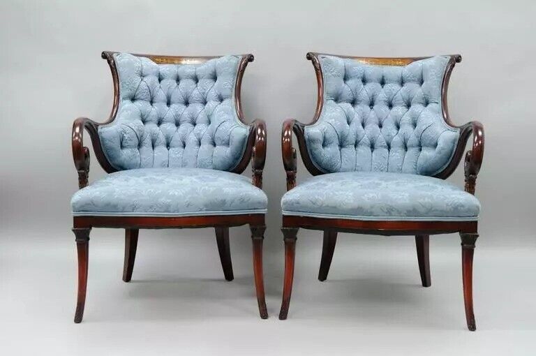 Antique Hollywood Regency Grosfeld House Mahogany & Rosewood Arm Chairs - a Pair