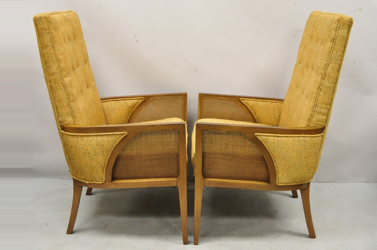 Mid Century Hollywood Regency Sculpted Wood Cane Panel Lounge Chairs - a Pair
