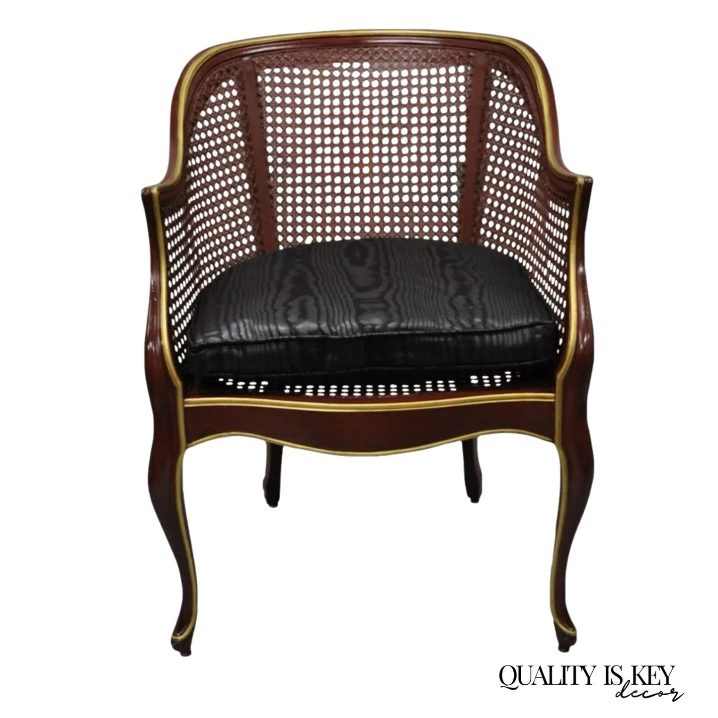Vintage French Louis XV Style Red Lacquer & Gold Cane Bergere Lounge Club Chair