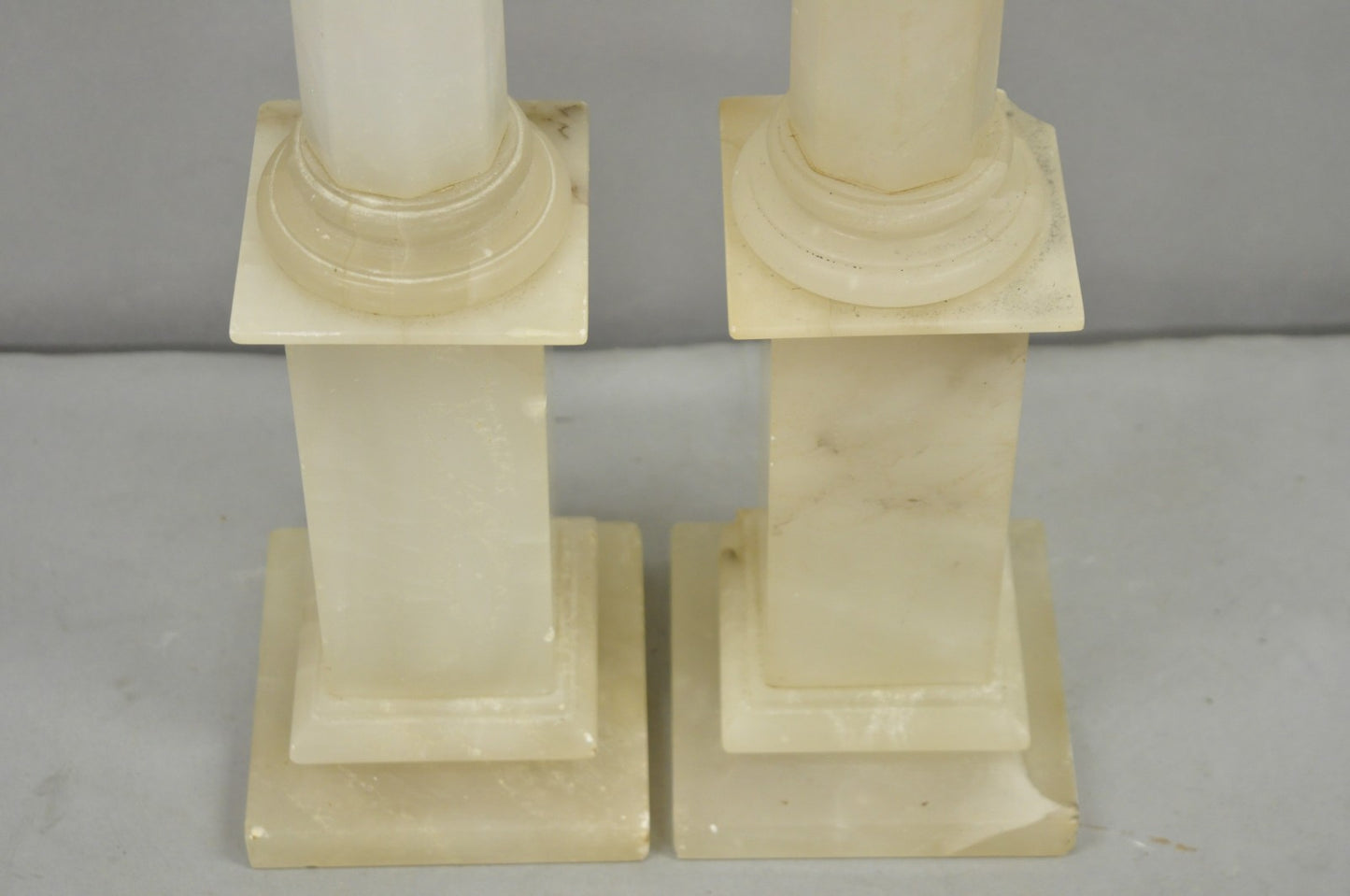 Vintage French Empire Italian Carved Alabaster Column Table Lamps - a Pair
