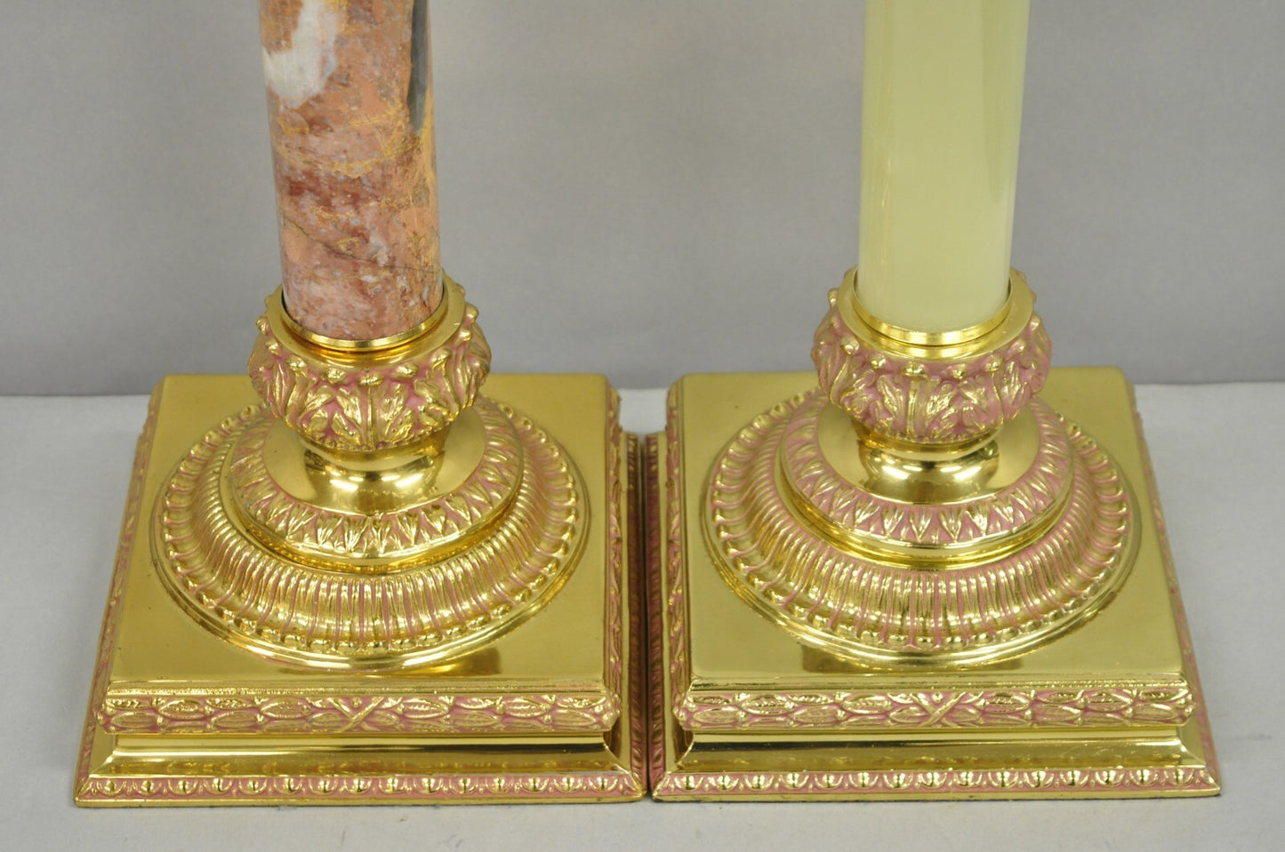 Vintage Hollywood Regency Brass Empire Column Green Pink Gold Table Lamps - Pair