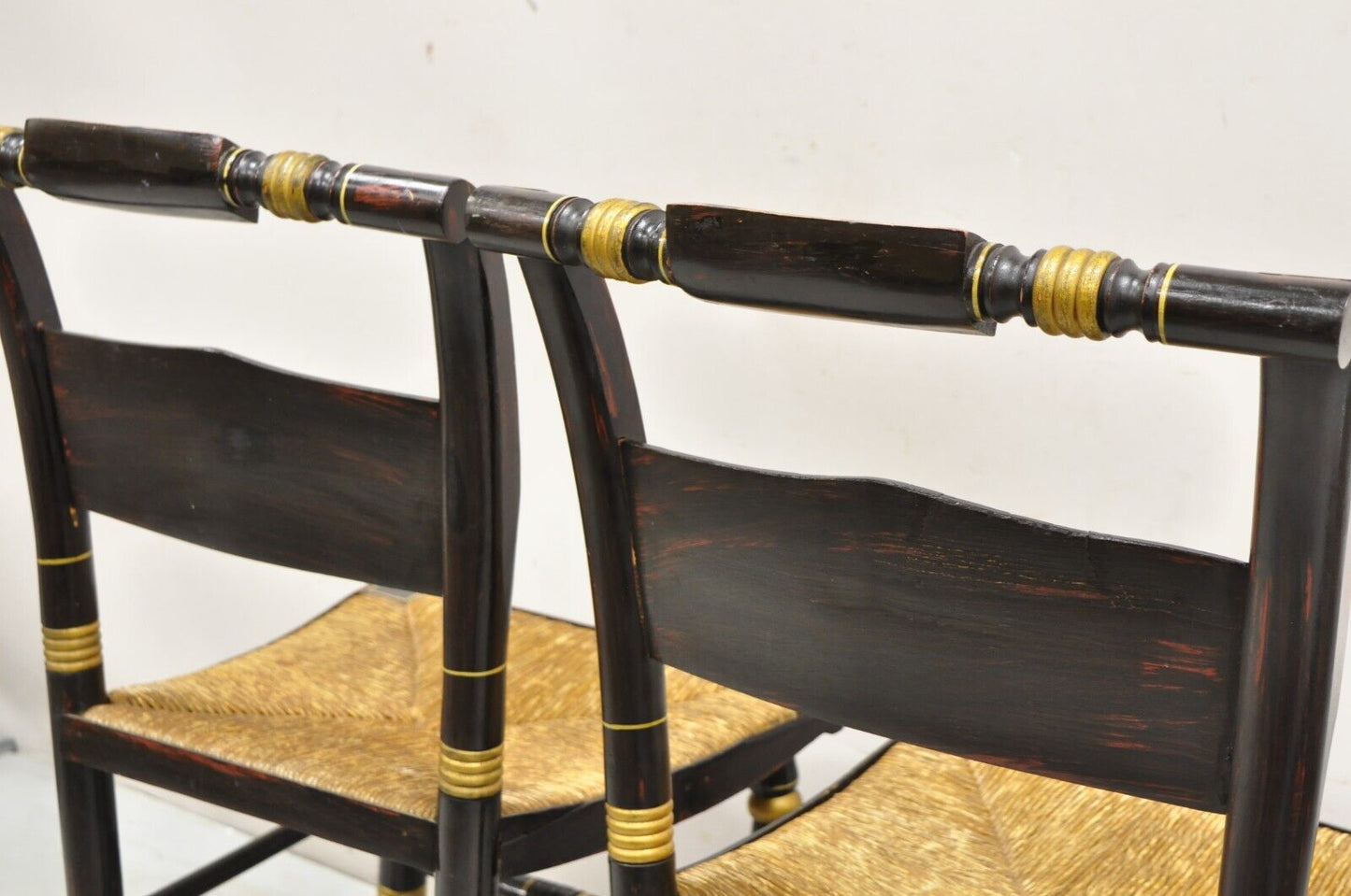 Antique Hitchcock Black and Gold Harvest Stencil Rush Side Chairs - a Pair