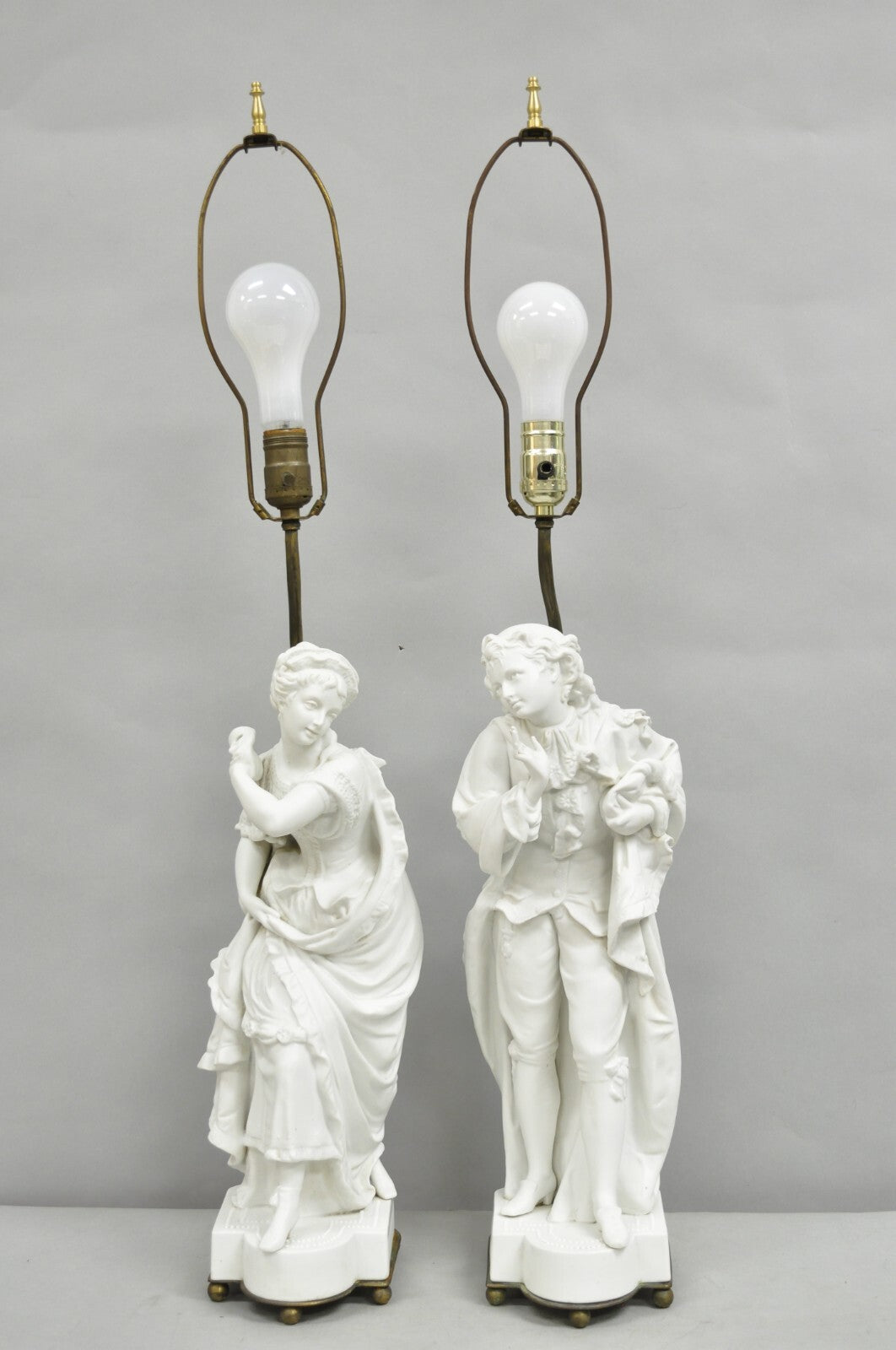 Victorian White Parian Porcelain Figural Bisque Man and Woman Table Lamps, Pair
