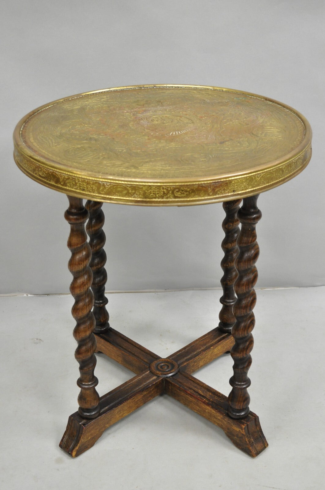 Antique Chinoiserie Oak Barley Twist Chinese Brass Dragon Side Table by Ferguson