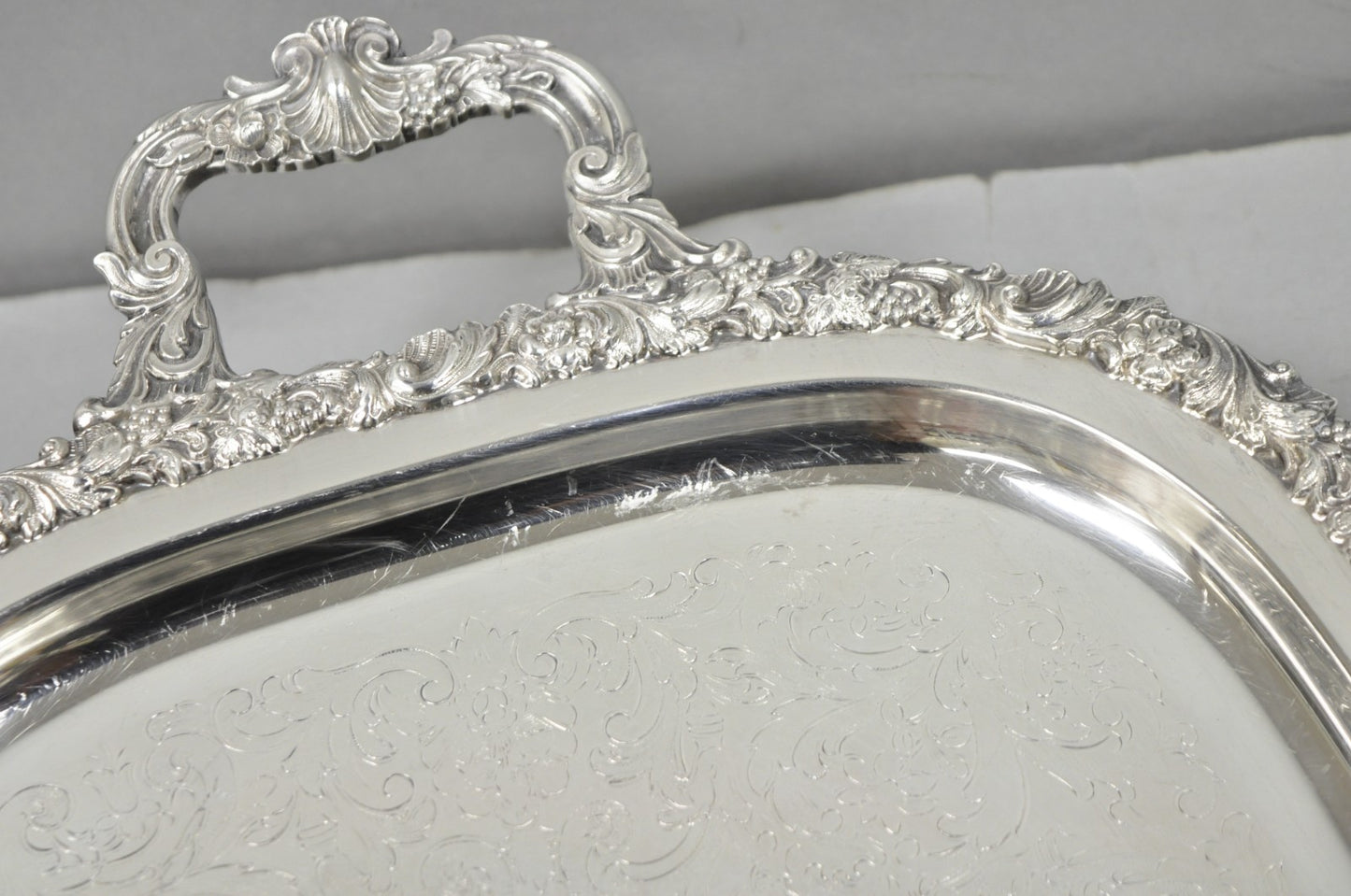 Vintage Gorham YC1466 Silver Plated Floral Repousse Bar Serving Tray w Handles