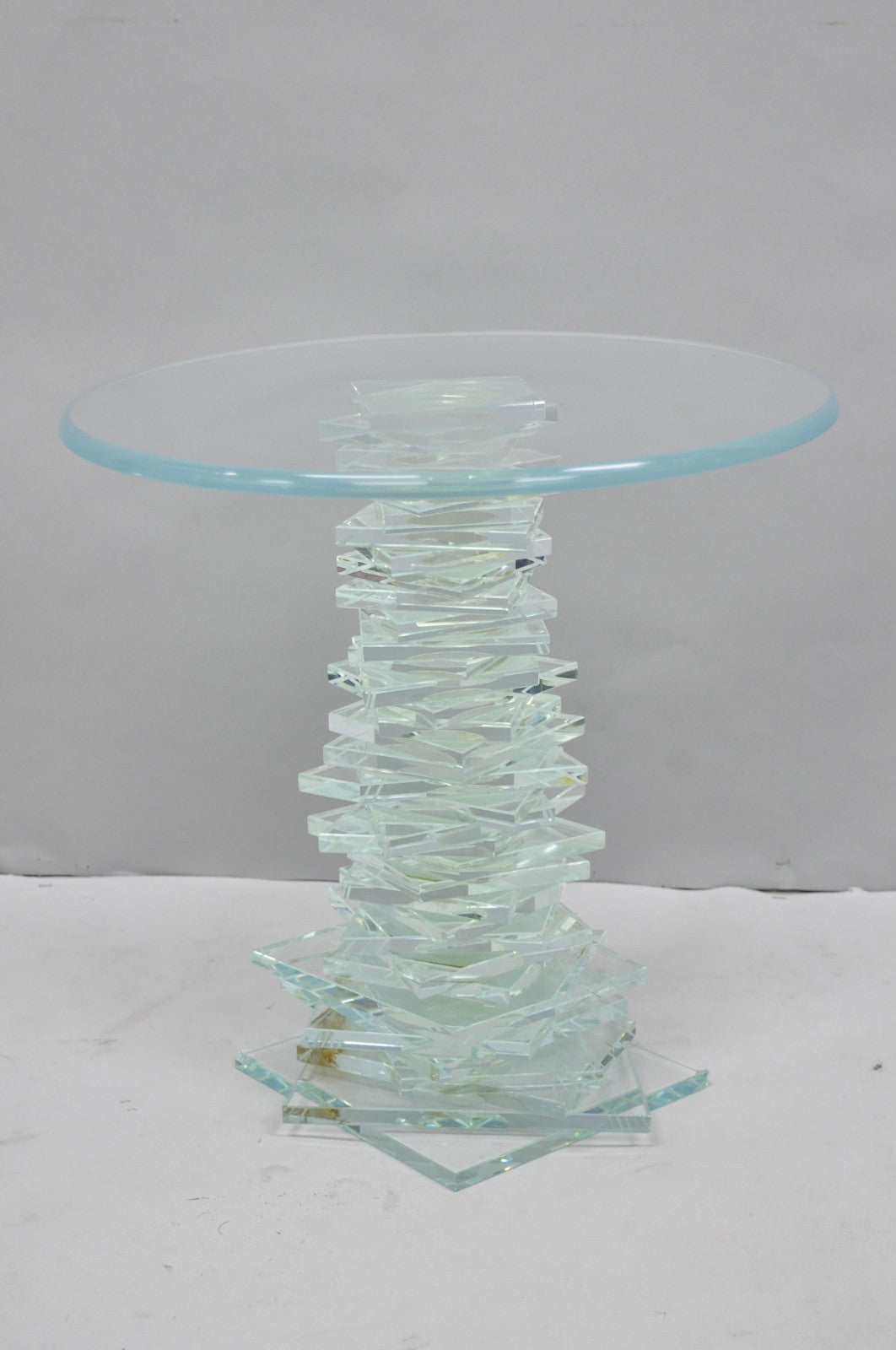 Vintage Mid Century Modern Stacked Glass Skyscraper Round Accent Side Table