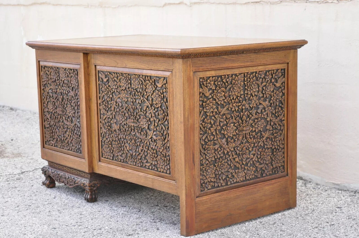 Vintage Chinese Ornately Carved Mahogany Oriental Chinoiserie Office Desk